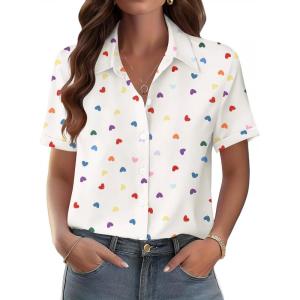Zeagoo Womens Button Down Blouse Rolled Cuffed Short Sleeve Shirts Casual Work Blouse Summer Hawaiian Outfits(Ax25)