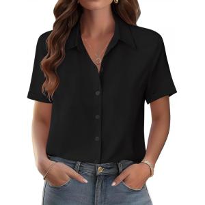 Zeagoo Womens Button Down Blouse Rolled Cuffed Short Sleeve Shirts Casual Work Blouse Summer Hawaiian Outfits(Black)