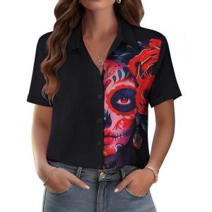 Zeagoo Womens Button Down Blouse Rolled Cuffed Short Sleeve Shirts Casual Work Blouse Summer Hawaiian Outfits(Cx256)