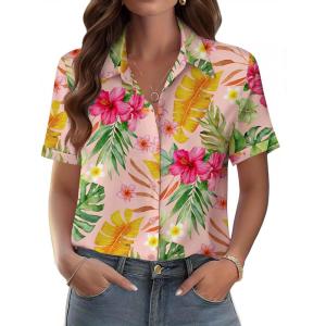 Zeagoo Womens Button Down Blouse Rolled Cuffed Short Sleeve Shirts Casual Work Blouse Summer Hawaiian Outfits(Hp28)