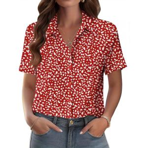 Zeagoo Womens Button Down Blouse Rolled Cuffed Short Sleeve Shirts Casual Work Blouse Summer Hawaiian Outfits(Jh590)