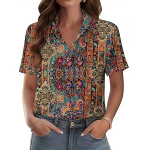 Zeagoo Womens Button Down Blouse Rolled Cuffed Short Sleeve Shirts Casual Work Blouse Summer Hawaiian Outfits(Mz721)