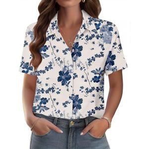 Zeagoo Womens Button Down Blouse Rolled Cuffed Short Sleeve Shirts Casual Work Blouse Summer Hawaiian Outfits(Sf198)