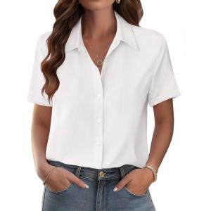 Zeagoo Womens Button Down Blouse Rolled Cuffed Short Sleeve Shirts Casual Work Blouse Summer Hawaiian Outfits(White)
