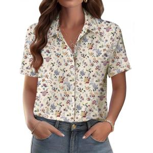 Zeagoo Womens Button Down Blouse Rolled Cuffed Short Sleeve Shirts Casual Work Blouse Summer Hawaiian Outfits(Xh216)