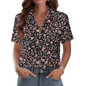 Zeagoo Womens Button Down Blouse Rolled Cuffed Short Sleeve Shirts Casual Work Blouse Summer Hawaiian Outfits(Xh532)