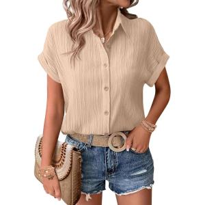 Zeagoo Womens Button Down Shirts Casual Short Sleeve Dress Shirt Textured Collared Summer Clothes Work Blouse(Apricot)
