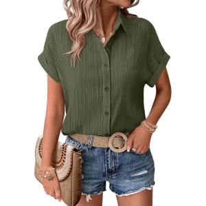 Zeagoo Womens Button Down Shirts Casual Short Sleeve Dress Shirt Textured Collared Summer Clothes Work Blouse(Army Green)