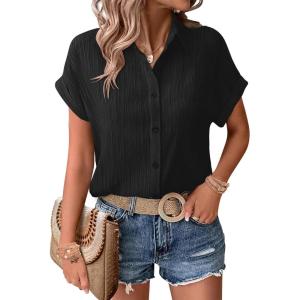 Zeagoo Womens Button Down Shirts Casual Short Sleeve Dress Shirt Textured Collared Summer Clothes Work Blouse(Black)
