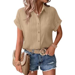 Zeagoo Womens Button Down Shirts Casual Short Sleeve Dress Shirt Textured Collared Summer Clothes Work Blouse(Champagne)