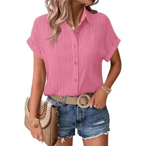 Zeagoo Womens Button Down Shirts Casual Short Sleeve Dress Shirt Textured Collared Summer Clothes Work Blouse(Coral)