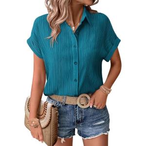 Zeagoo Womens Button Down Shirts Casual Short Sleeve Dress Shirt Textured Collared Summer Clothes Work Blouse(Lake Blue)