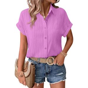 Zeagoo Womens Button Down Shirts Casual Short Sleeve Dress Shirt Textured Collared Summer Clothes Work Blouse(Lavender)