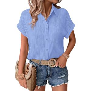 Zeagoo Womens Button Down Shirts Casual Short Sleeve Dress Shirt Textured Collared Summer Clothes Work Blouse(Light Blue)