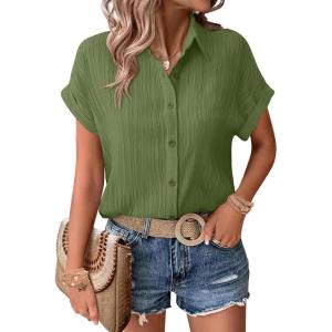 Zeagoo Womens Button Down Shirts Casual Short Sleeve Dress Shirt Textured Collared Summer Clothes Work Blouse(Light Green)