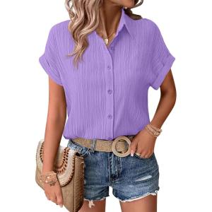 Zeagoo Womens Button Down Shirts Casual Short Sleeve Dress Shirt Textured Collared Summer Clothes Work Blouse(Light Purple)