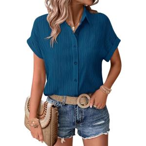 Zeagoo Womens Button Down Shirts Casual Short Sleeve Dress Shirt Textured Collared Summer Clothes Work Blouse(Peacock Blue)