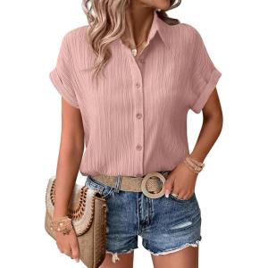 Zeagoo Womens Button Down Shirts Casual Short Sleeve Dress Shirt Textured Collared Summer Clothes Work Blouse(Pink)
