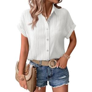 Zeagoo Womens Button Down Shirts Casual Short Sleeve Dress Shirt Textured Collared Summer Clothes Work Blouse(White)