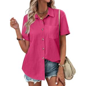 Zeagoo Womens Button Down Shirts Color Block Short Sleeve Cotton Linen Summer Causal Blouses Tops(Hot Pink)