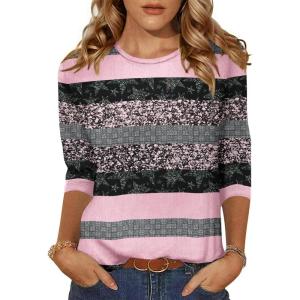 Zeagoo Women’s Casual 3/4 Sleeve T-Shirts Round Neck Cute Tunic Tops Basic Tees Blouses Business Work Tee Top(Pink Stripe-tz245)