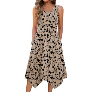 Zeagoo Womens Casual Dress for Summer Tank Dress Loose Flowy Beach Dress with Pockets Hankerchief Flare Midi Sundress 2026(Beige Sf154)