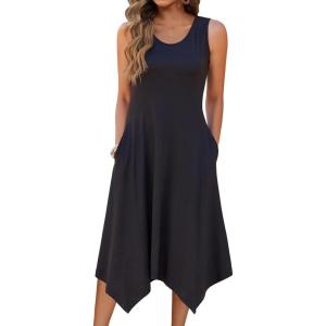 Zeagoo Womens Casual Dress for Summer Tank Dress Loose Flowy Beach Dress with Pockets Hankerchief Flare Midi Sundress 2026(Solid Black)