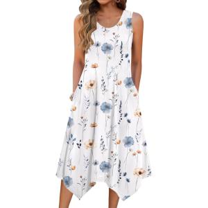 Zeagoo Womens Casual Dress for Summer Tank Dress Loose Flowy Beach Dress with Pockets Hankerchief Flare Midi Sundress 2026(White Floral)