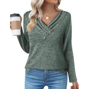 Zeagoo Women’s Casual Tunic Tops Long Sleeve Shirts for Leggings V Neck Button Fall Pullover Blouse Loose Sweatshirts(Army Green)