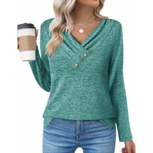 Zeagoo Women’s Casual Tunic Tops Long Sleeve Shirts for Leggings V Neck Button Fall Pullover Blouse Loose Sweatshirts(Bg)