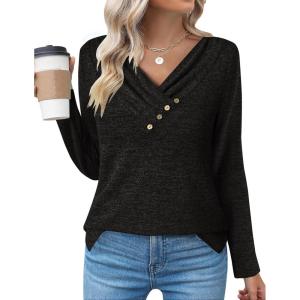 Zeagoo Women’s Casual Tunic Tops Long Sleeve Shirts for Leggings V Neck Button Fall Pullover Blouse Loose Sweatshirts(Black)