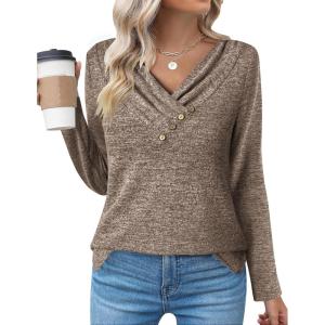 Zeagoo Women’s Casual Tunic Tops Long Sleeve Shirts for Leggings V Neck Button Fall Pullover Blouse Loose Sweatshirts(Coffee)
