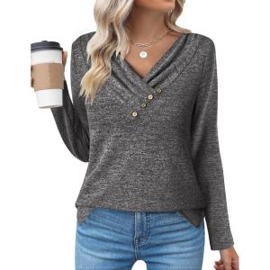 Zeagoo Women’s Casual Tunic Tops Long Sleeve Shirts for Leggings V Neck Button Fall Pullover Blouse Loose Sweatshirts(Dark Gray)