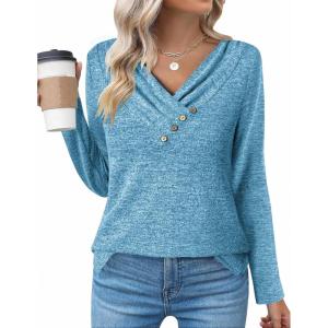 Zeagoo Women’s Casual Tunic Tops Long Sleeve Shirts for Leggings V Neck Button Fall Pullover Blouse Loose Sweatshirts(Dpb)
