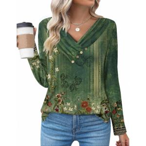 Zeagoo Women’s Casual Tunic Tops Long Sleeve Shirts for Leggings V Neck Button Fall Pullover Blouse Loose Sweatshirts(Green-floral Printed)