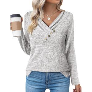 Zeagoo Women’s Casual Tunic Tops Long Sleeve Shirts for Leggings V Neck Button Fall Pullover Blouse Loose Sweatshirts(Grey)