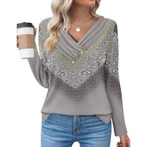 Zeagoo Women’s Casual Tunic Tops Long Sleeve Shirts for Leggings V Neck Button Fall Pullover Blouse Loose Sweatshirts(Grey-printed)