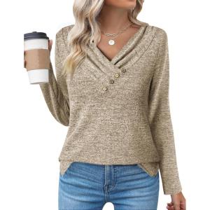 Zeagoo Women’s Casual Tunic Tops Long Sleeve Shirts for Leggings V Neck Button Fall Pullover Blouse Loose Sweatshirts(Khaki)