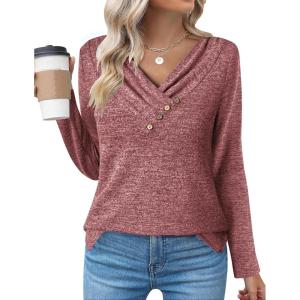 Zeagoo Women’s Casual Tunic Tops Long Sleeve Shirts for Leggings V Neck Button Fall Pullover Blouse Loose Sweatshirts(Red-02)