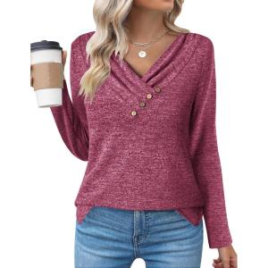 Zeagoo Women’s Casual Tunic Tops Long Sleeve Shirts for Leggings V Neck Button Fall Pullover Blouse Loose Sweatshirts(Rose Red)