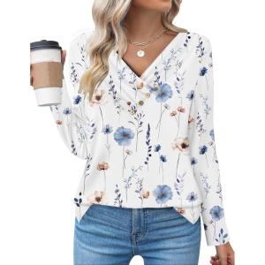 Zeagoo Women’s Casual Tunic Tops Long Sleeve Shirts for Leggings V Neck Button Fall Pullover Blouse Loose Sweatshirts(White-printed)