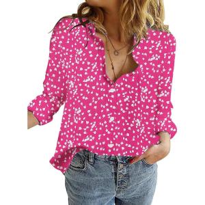 Zeagoo Womens Cotton Button Down Shirts Long Sleeve V Neck Collared Tops Work Office Blouse Shirt 2025 S-XXL(Rose Red Polka Dot)