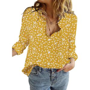 Zeagoo Womens Cotton Button Down Shirts Long Sleeve V Neck Collared Tops Work Office Blouse Shirt 2025 S-XXL(Yellow Polka Dot)