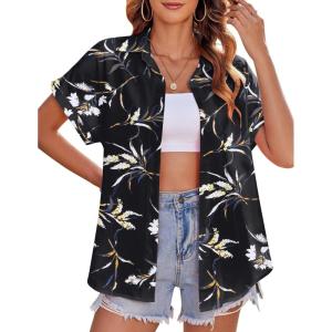 Zeagoo Women’s Hawaiian Button Down Shirts Casual Short Sleeve Floral Tropical Print Summer Blouse Tunic Top(Zw577)