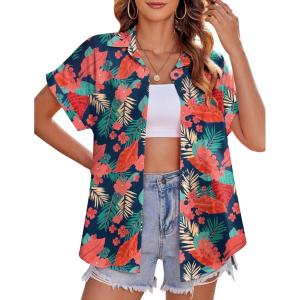 Zeagoo Women’s Hawaiian Button Down Shirts Casual Short Sleeve Floral Tropical Print Summer Blouse Tunic Top(Zw9)