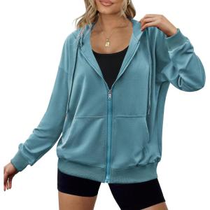 Zeagoo Women’s Lightweight Hoodies Full Zip Up Oversized Sweatshirts with Pockets Long Sleeve Thin Casual Hooded Jackets(Grey Blue)