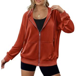 Zeagoo Women’s Lightweight Hoodies Full Zip Up Oversized Sweatshirts with Pockets Long Sleeve Thin Casual Hooded Jackets(Red)