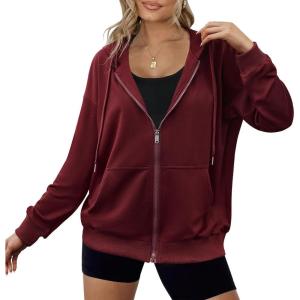 Zeagoo Women’s Lightweight Hoodies Full Zip Up Oversized Sweatshirts with Pockets Long Sleeve Thin Casual Hooded Jackets(Wine Red)