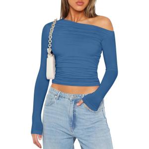 Zeagoo Womens Long Sleeve Off The Shoulder Casual Crop Tops Boat Neck Going Out Slim Fit Sexy T Shirts 2026(Navy Blue)