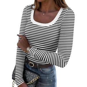 Zeagoo Women’s Long Sleeve Scoop Neck Shirts Casual Slim Fit Rib Knit Tops Summer Fall Basic Business Work Tee(Black White Stripe)